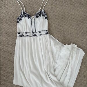 Maxi White dress with navy Embroidery